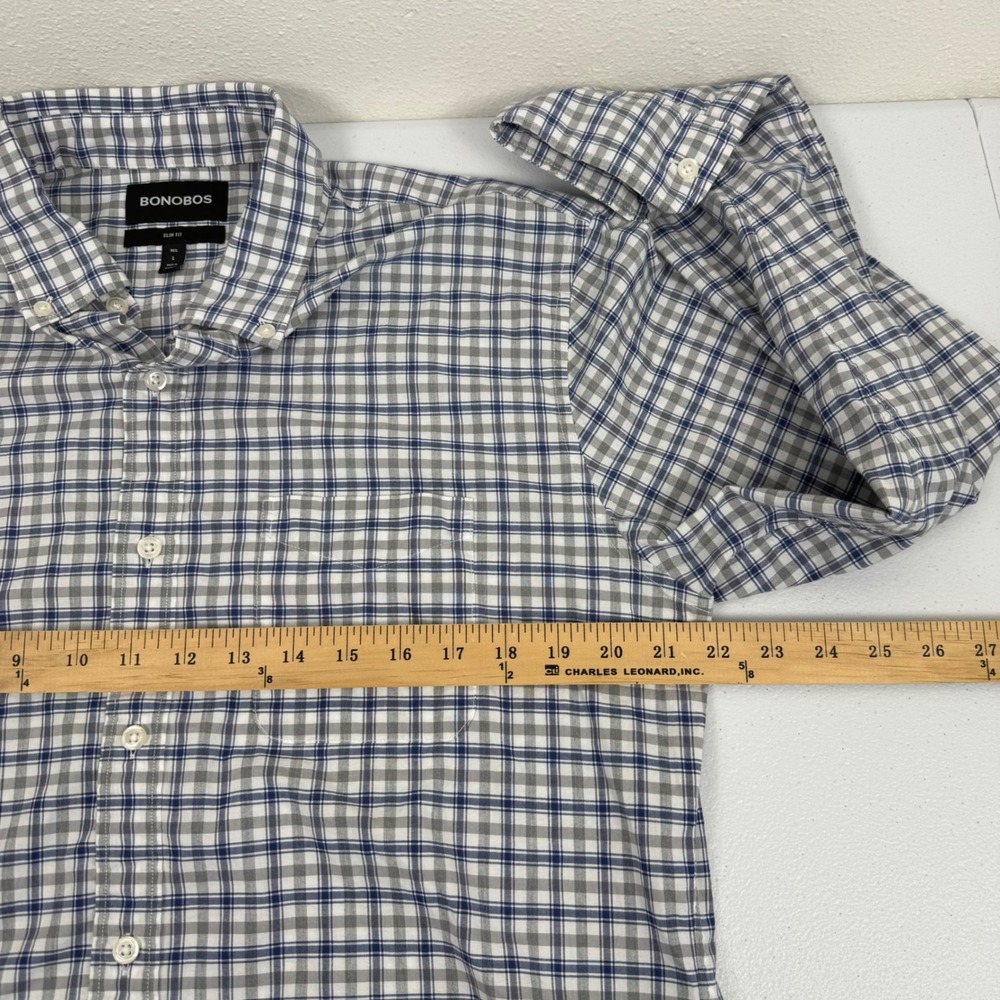 Bonobos Mens Slim Fit Plaid Button Down Shirt Blue Grey Long Sleeve Large L - Picture 3 of 7